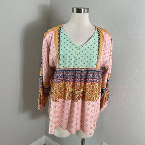 Sundance Womens XS Boho Patchwork Tunic Top 3/4 Sleeve Blouse Shirt